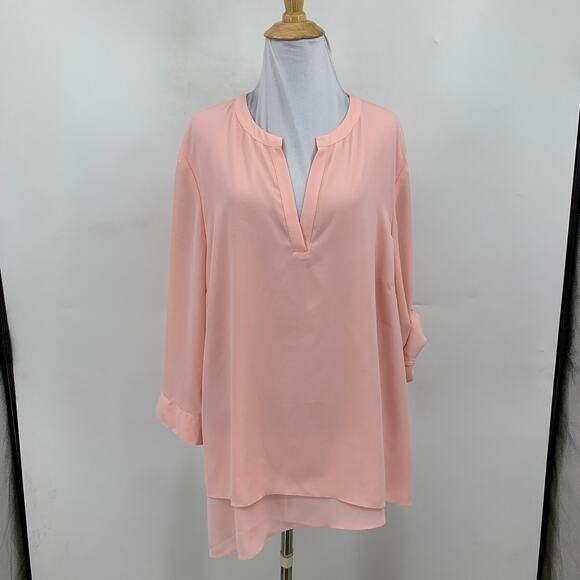 J Jill Blouse Women XL Extra Large Dusty Pink Split Neck Tab Sleeve Asymmetrical - Picture 2 of 12